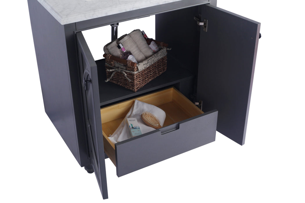 Open gray vanity with white marble top, wicker basket, and wooden drawer.