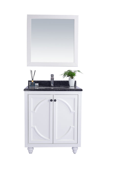 White bathroom vanity with a black countertop and a square mirror.