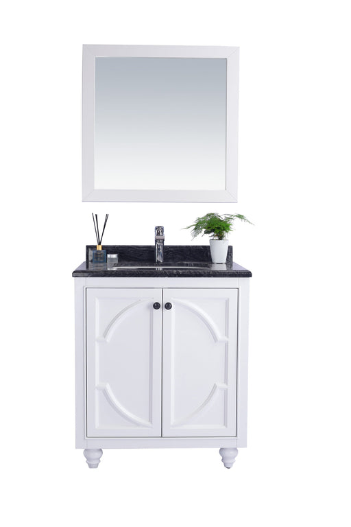 White bathroom vanity with a black countertop and a square mirror.