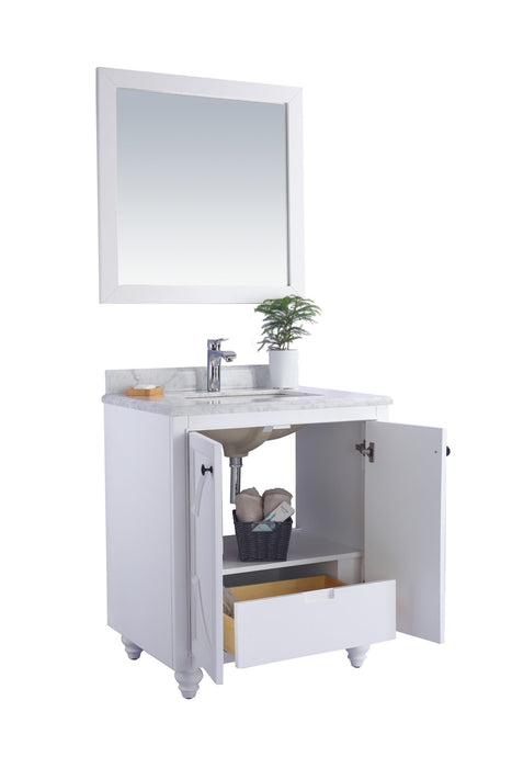 White bathroom vanity with white marble countertop and open cabinet doors.
