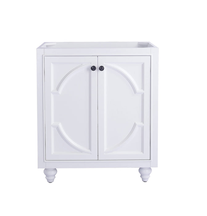White vanity with two doors and black knobs.