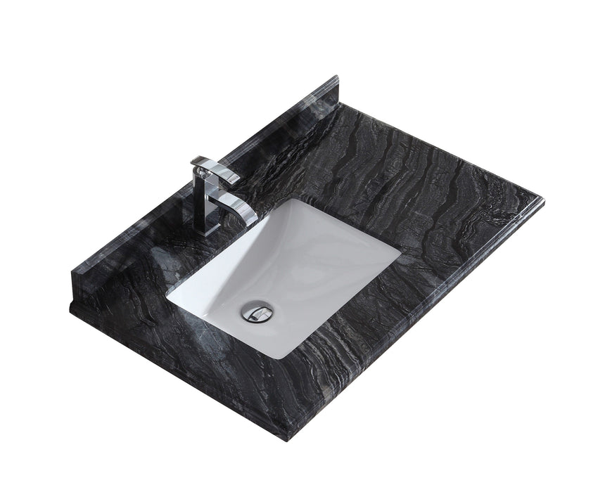 Black and white marble sink with silver faucet.