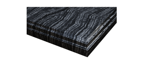 A block of striped, black and gray stone.