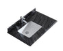 Bathroom sink with chrome faucet and black marble countertop.