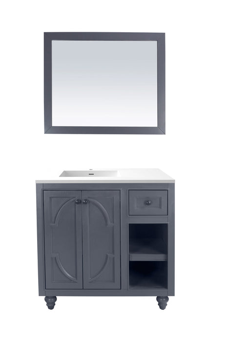 Bathroom vanity with mirror and open shelving.