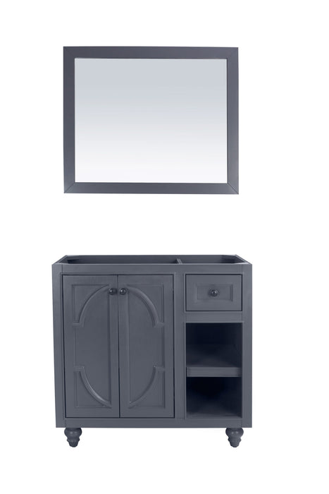Gray bathroom vanity with mirror.
