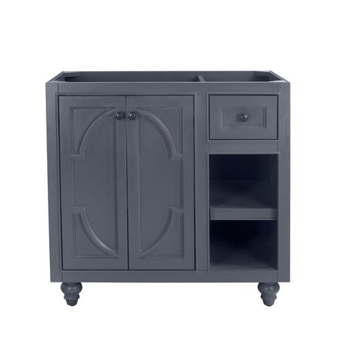 Gray bathroom vanity cabinet with doors, drawer, and open shelves.