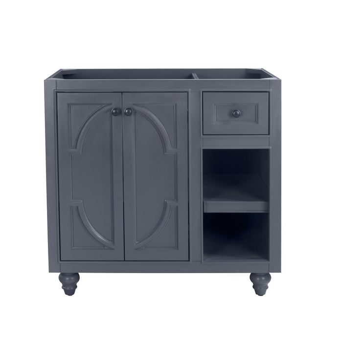 Gray bathroom vanity cabinet with doors, drawer, and open shelves.
