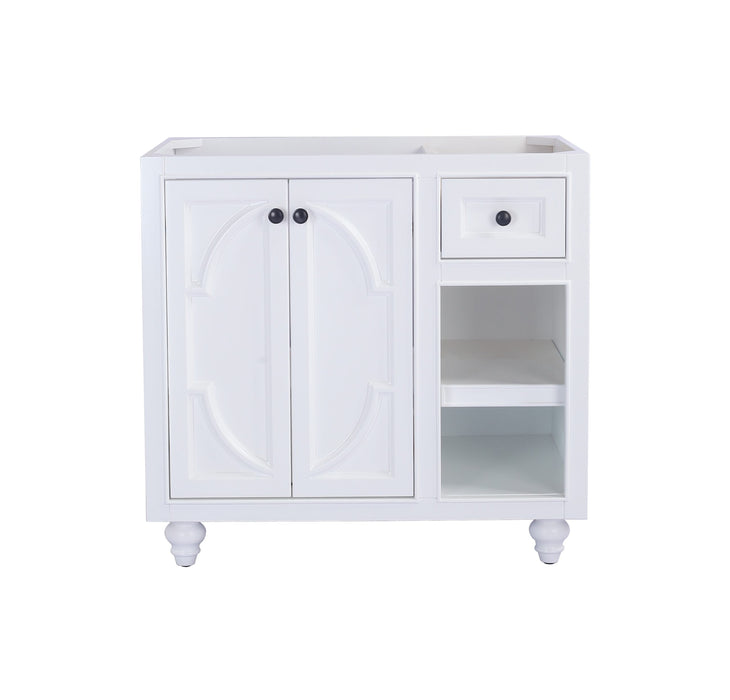 White bathroom vanity with two doors, one drawer, and an open storage shelf.