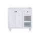 White bathroom vanity with two doors, one drawer, and an open storage shelf.