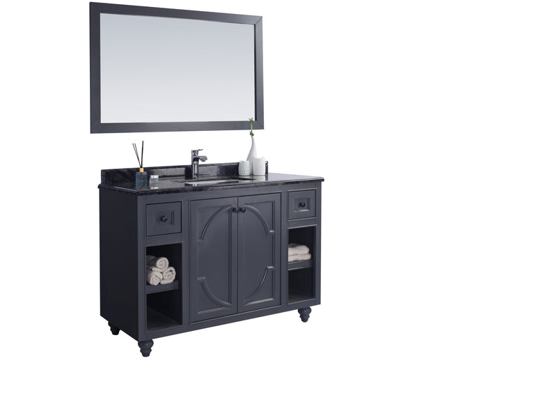 Gray vanity and mirror set.