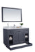 Gray vanity with marble top, mirror, and decorative items.