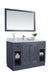 Bathroom vanity with mirror, dark gray, marble countertop, and storage.