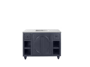 A dark gray bathroom vanity with a white countertop.