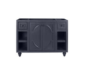 Dark gray bathroom vanity with drawers and cabinets.
