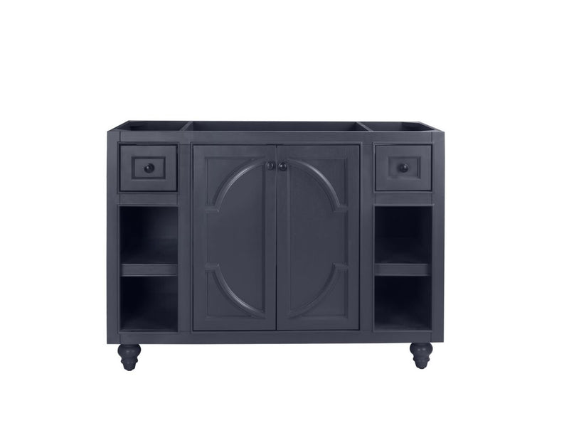 Dark gray bathroom vanity with drawers and cabinets.