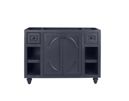 Dark gray bathroom vanity with drawers and cabinets.