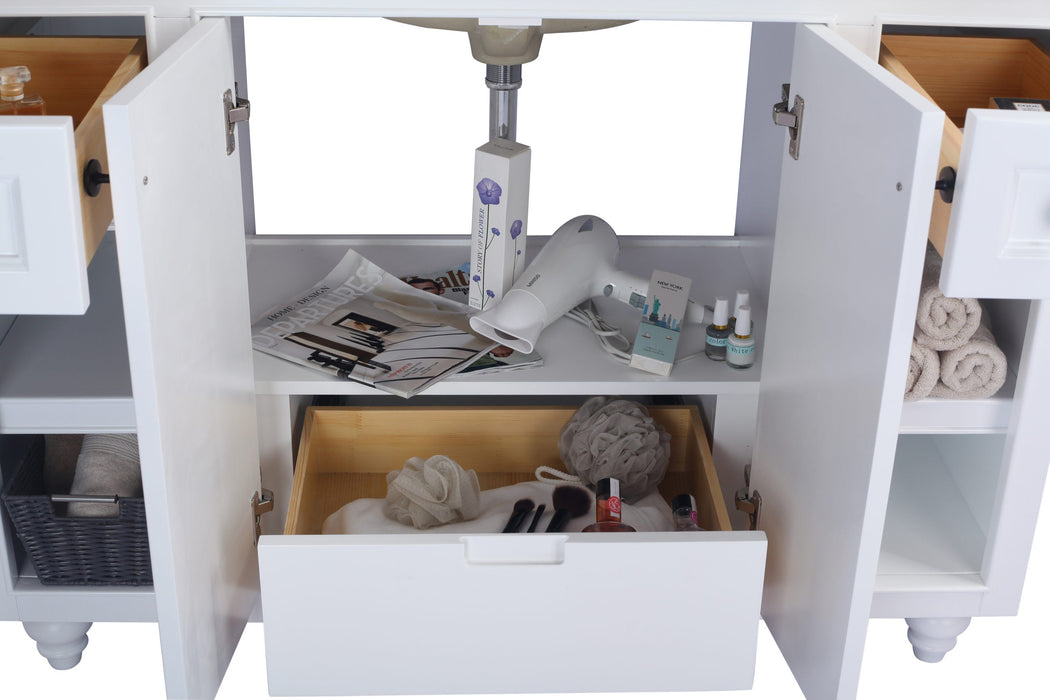 White bathroom vanity cabinet with open doors and drawers revealing various toiletries, towels, and cosmetics.