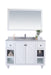 White bathroom vanity with a rectangular mirror, marble countertop, and storage shelves.
