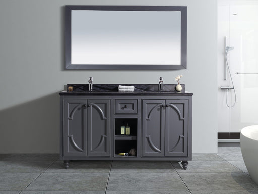 Bathroom vanity with gray cabinet, dark countertop, and matching mirror.