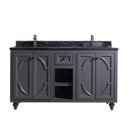 Gray double vanity with black countertop.