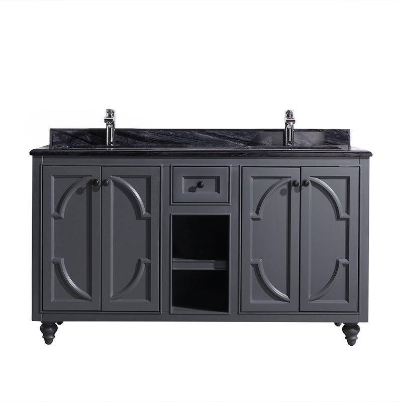 Gray double vanity with black countertop.