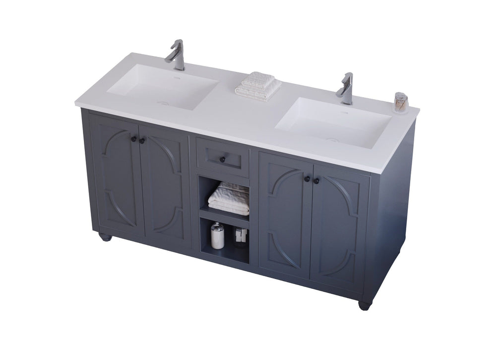 Gray double vanity with white countertop.