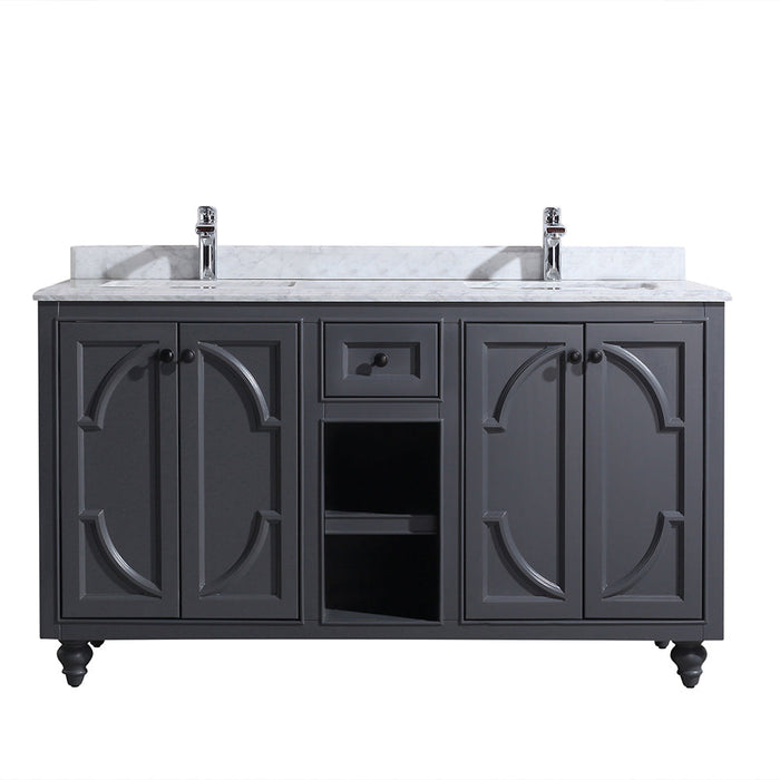 Front view of a gray vanity with a marble countertop and two sinks.