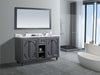 Gray vanity with a white marble countertop, a large mirror, and a freestanding white bathtub in a bathroom.