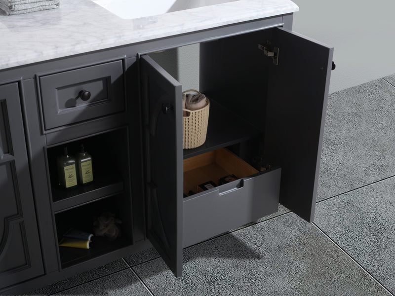 Open gray bathroom vanity with marble countertop, drawer, and shelf.