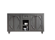 Gray bathroom vanity with cabinets, drawers, and open shelves.