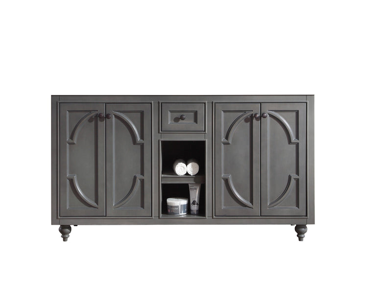 Gray bathroom vanity with cabinets, drawers, and open shelves.