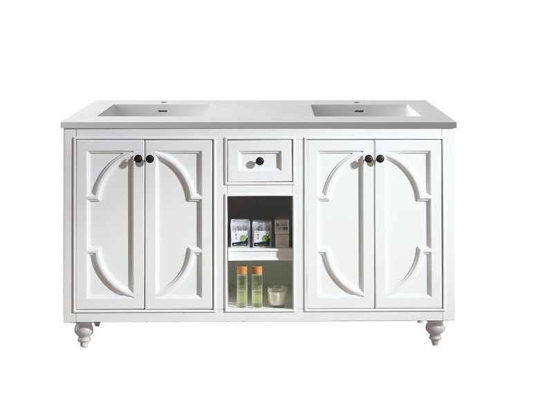 White double sink bathroom vanity with cabinet storage.