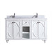 White vanity with marble countertop and two sinks.