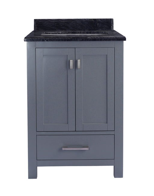 Gray vanity with marble countertop.