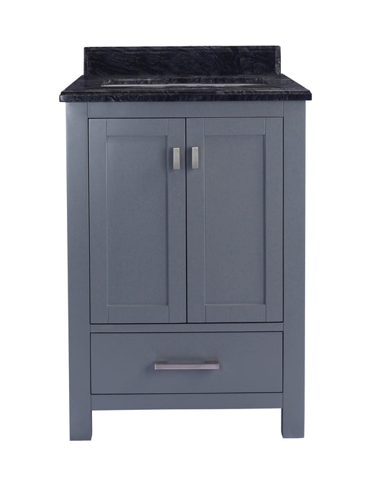Gray vanity with marble countertop.