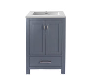 Blue bathroom vanity with white top.