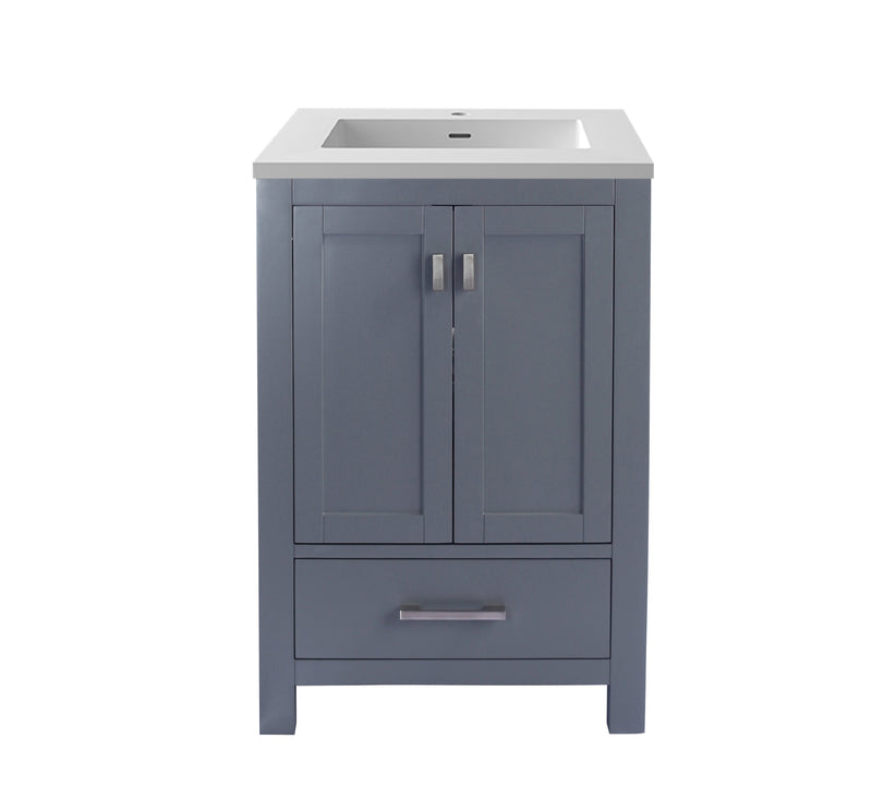 Blue bathroom vanity with white top.