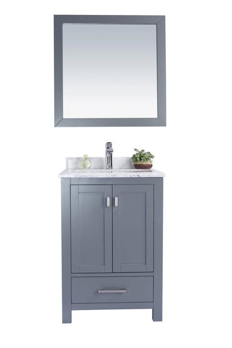 Gray bathroom vanity with marble countertop and mirror.