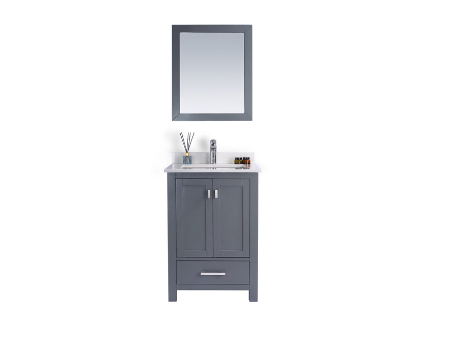 Gray bathroom vanity and mirror.
