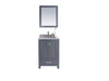 Gray bathroom vanity with marble countertop and mirror.