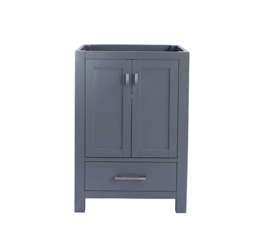Gray bathroom vanity with two doors and a drawer.
