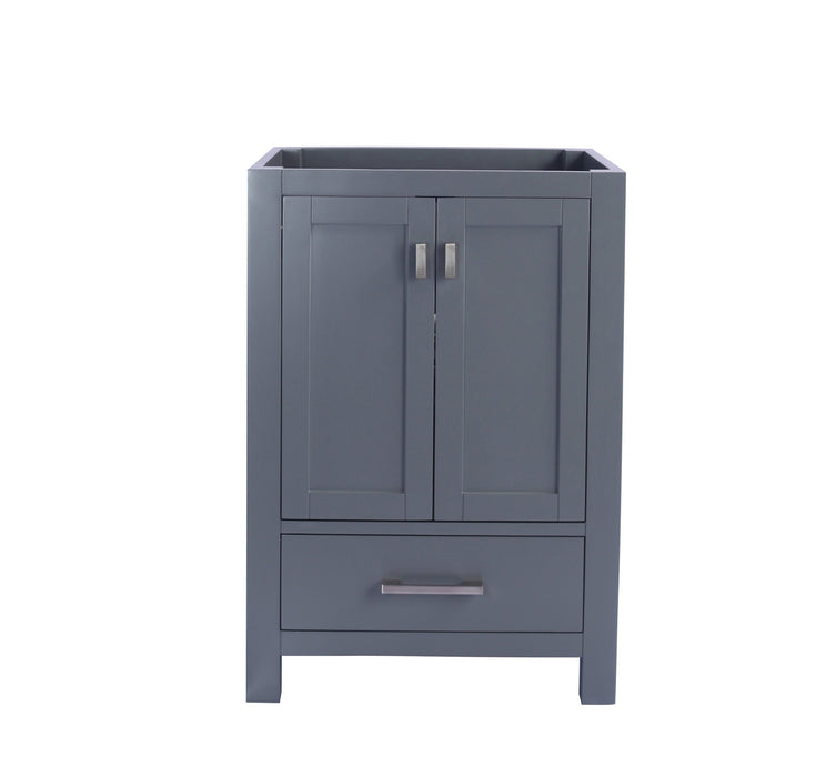 Gray bathroom vanity with two doors and a drawer.