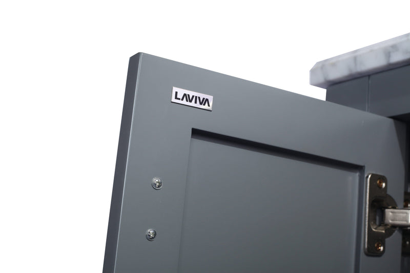 Gray cabinet door with silver hardware and "LAVIVA" logo.