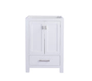 White bathroom vanity with two doors and a drawer.