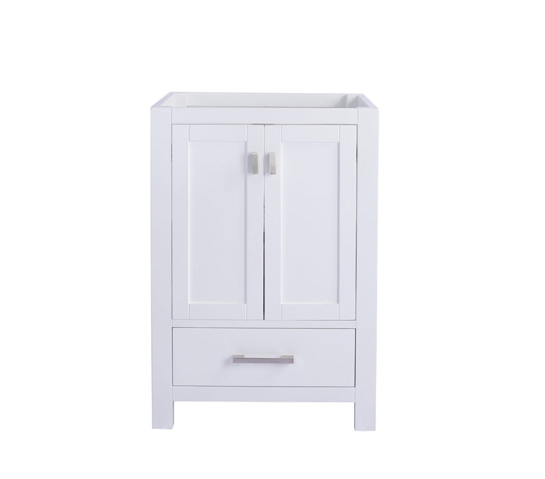 White bathroom vanity with two doors and a drawer.