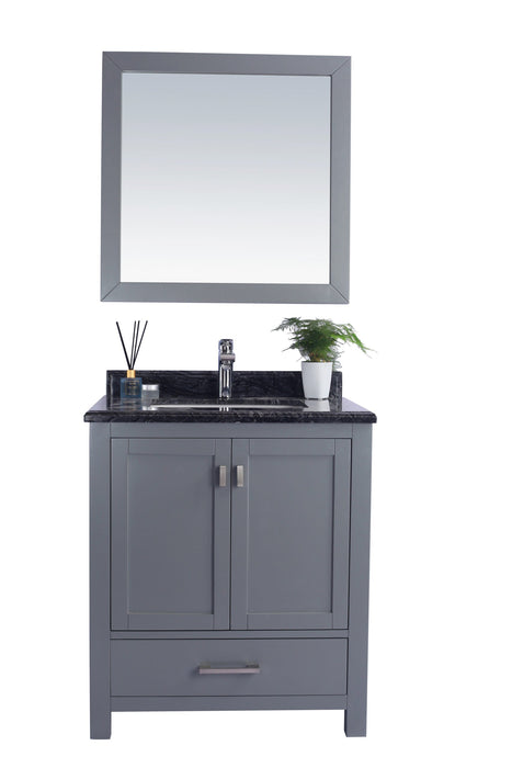 Gray vanity with black marble countertop and square mirror.
