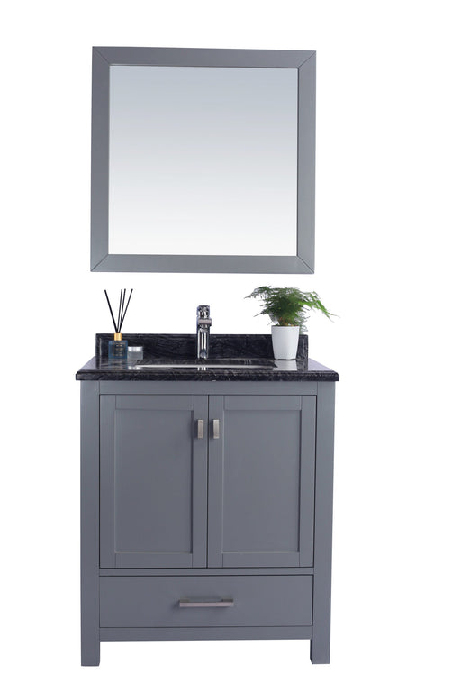 Gray vanity with black marble countertop and square mirror.
