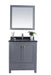 Gray vanity with black marble countertop and square mirror.
