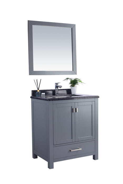 Gray bathroom vanity with square mirror.
